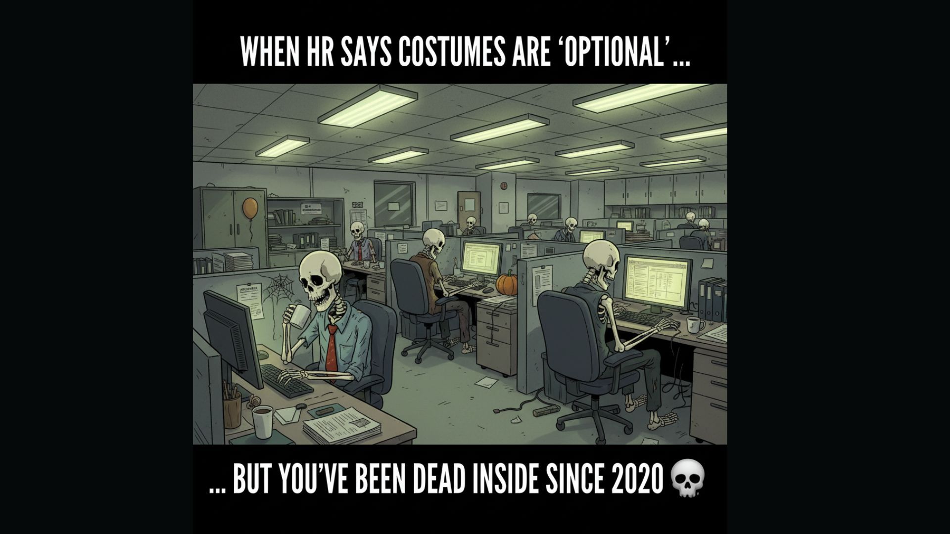 skeletons working at office desks on Halloween night, fluorescent lighting, corporate vibe