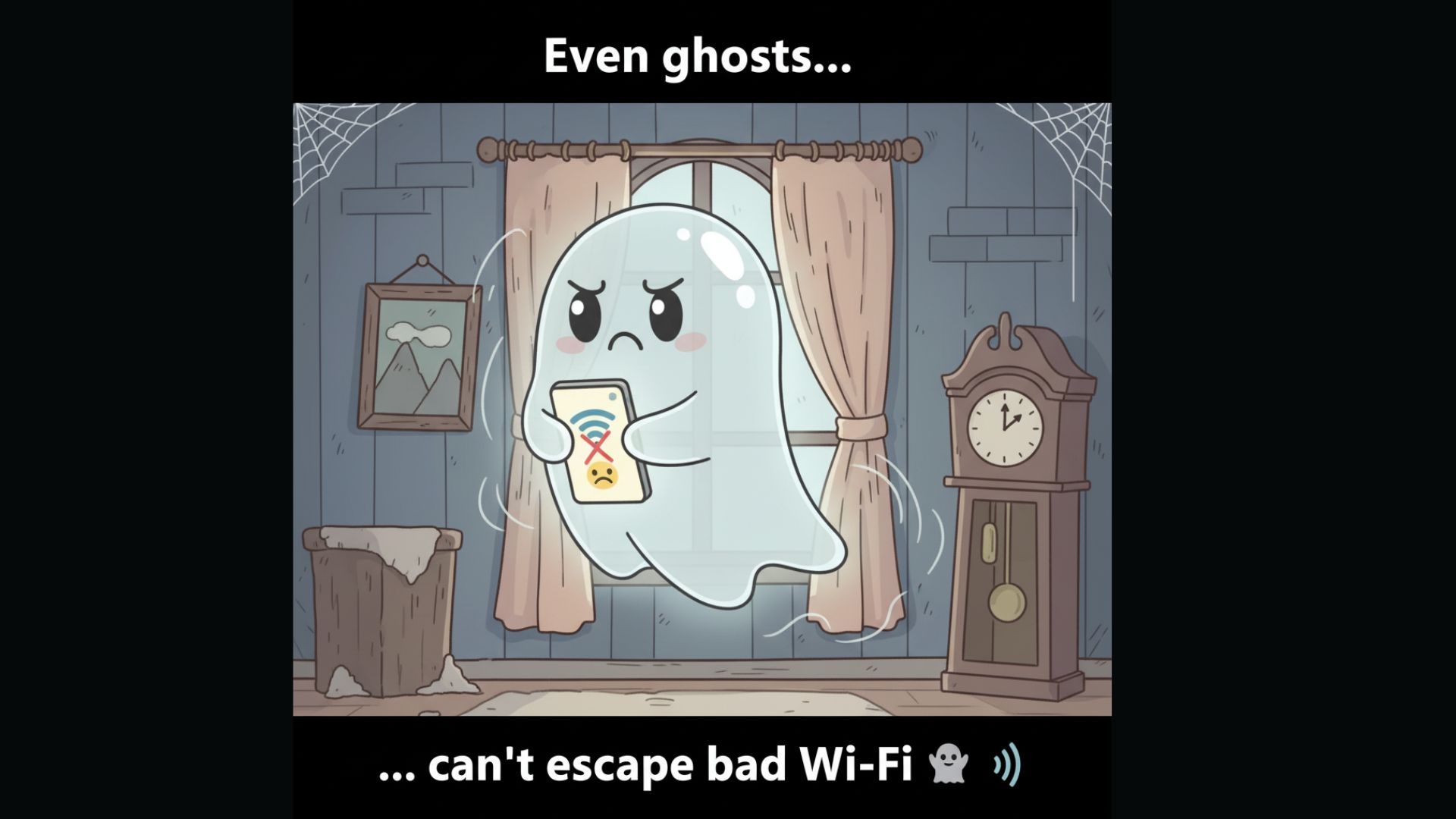transparent ghost holding smartphone, frustrated because Wi-Fi signal is low