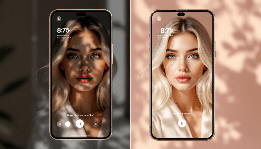 Comparison of two smartphones showing AI hair color try-on — poor lighting on left, perfect bright lighting and realistic recolor on right — minimalist UI mockup