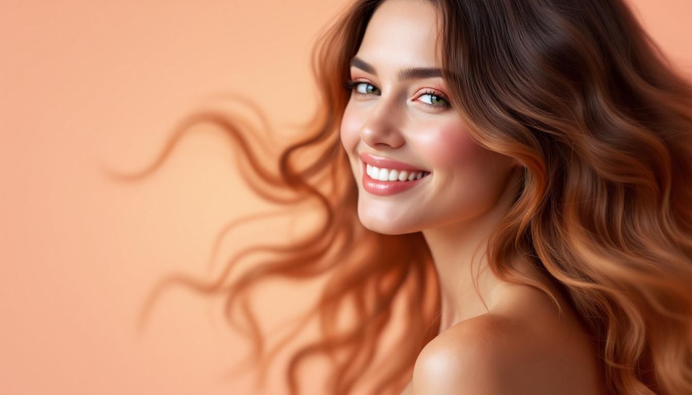 Smiling woman with hair transitioning through multiple AI colors — brunette, blonde, red, pink — with overlay text ‘Try Your Next Hair Color Instantly — On Play Store, App Store, or Flux-AI.ai