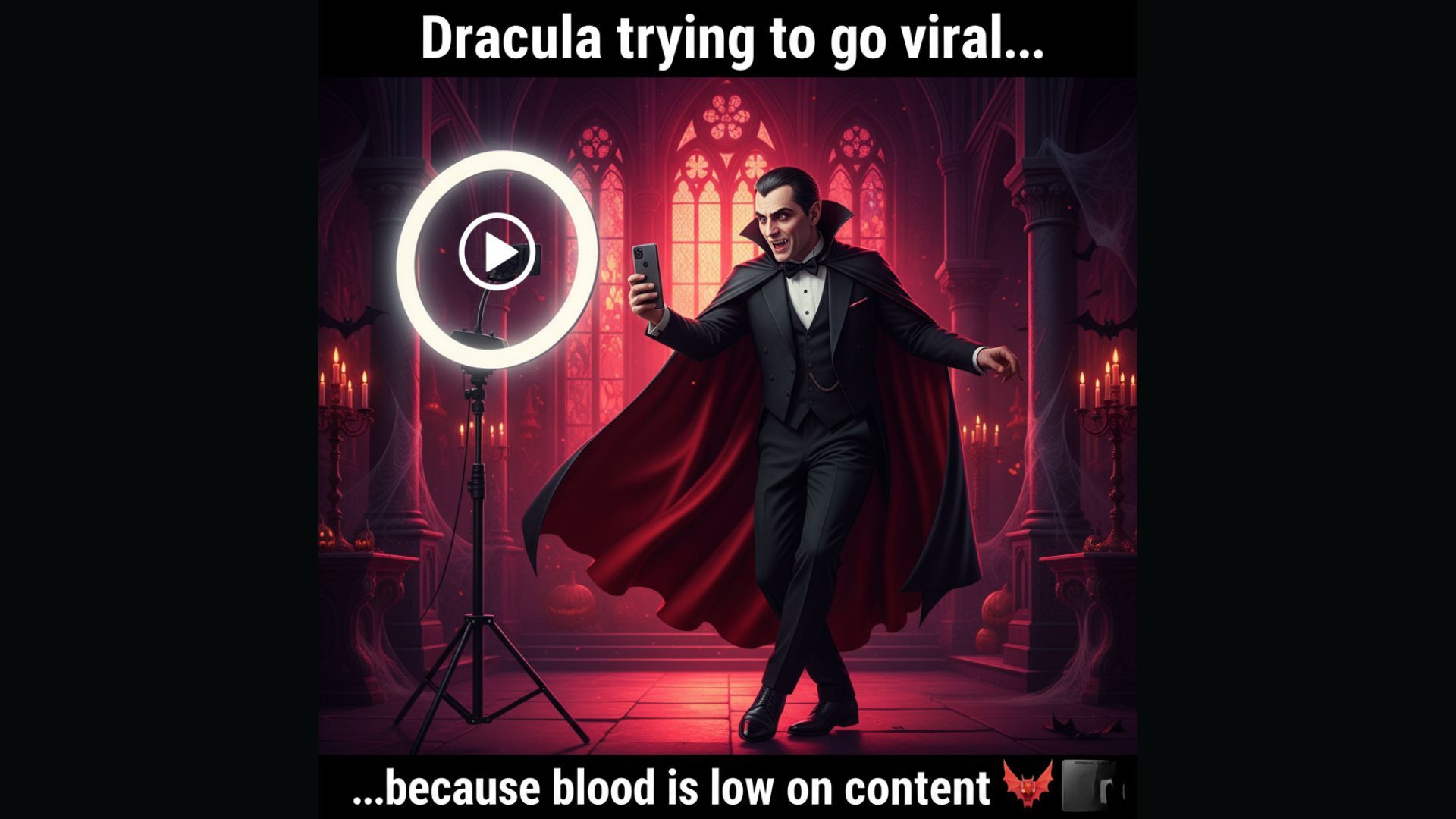 Dracula filming TikTok dance in gothic castle with ring light