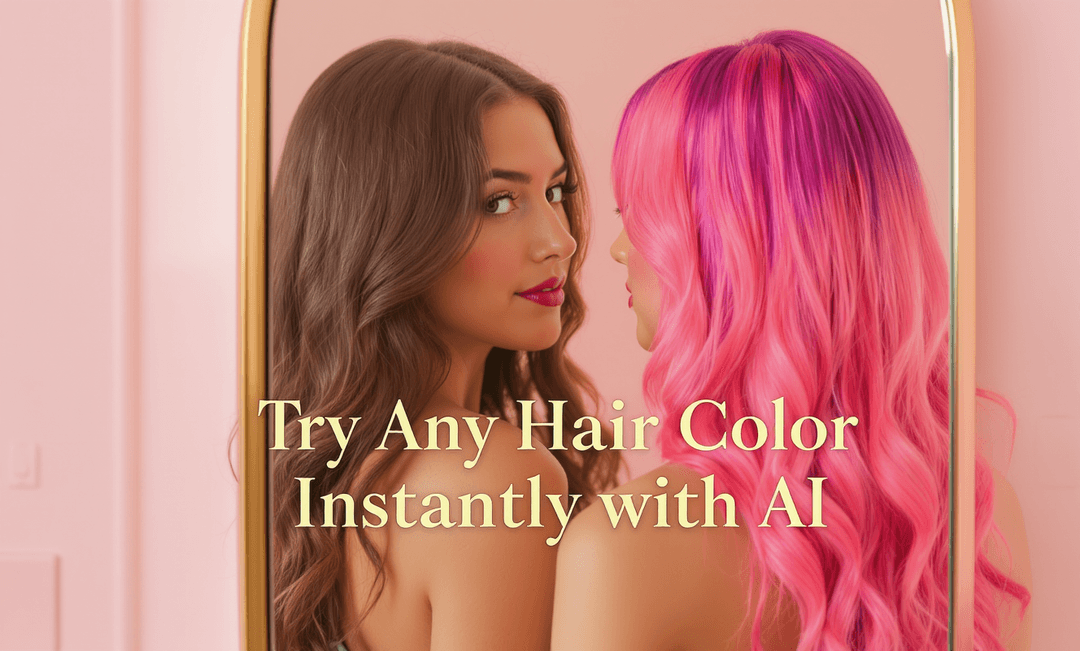 Woman looking into mirror showing different AI hair colors — natural brunette and vivid pink — with text overlay ‘Try Any Hair Color Instantly with AI’, pastel background.