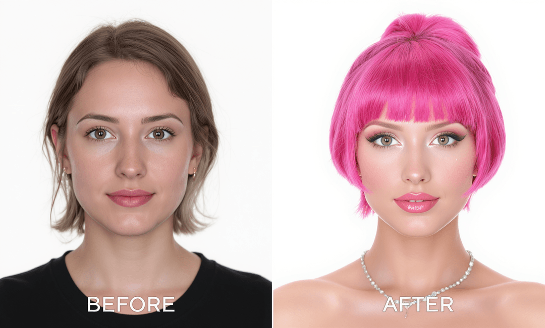 Before and after AI hair color transformation — left side natural brown, right side vibrant pink — showing realistic virtual hair dye result.