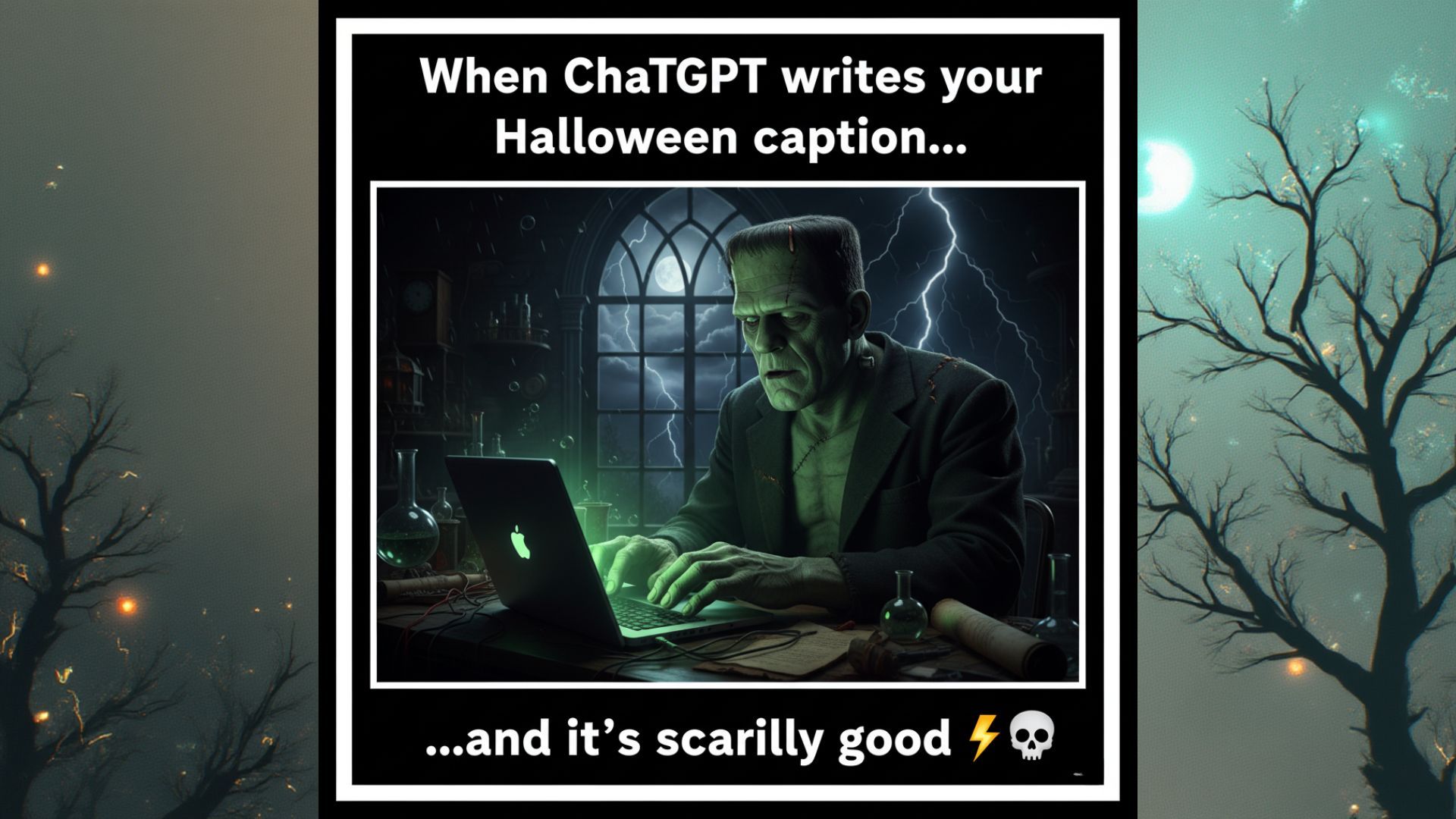 t: Frankenstein monster typing on laptop, thunderstorm outside