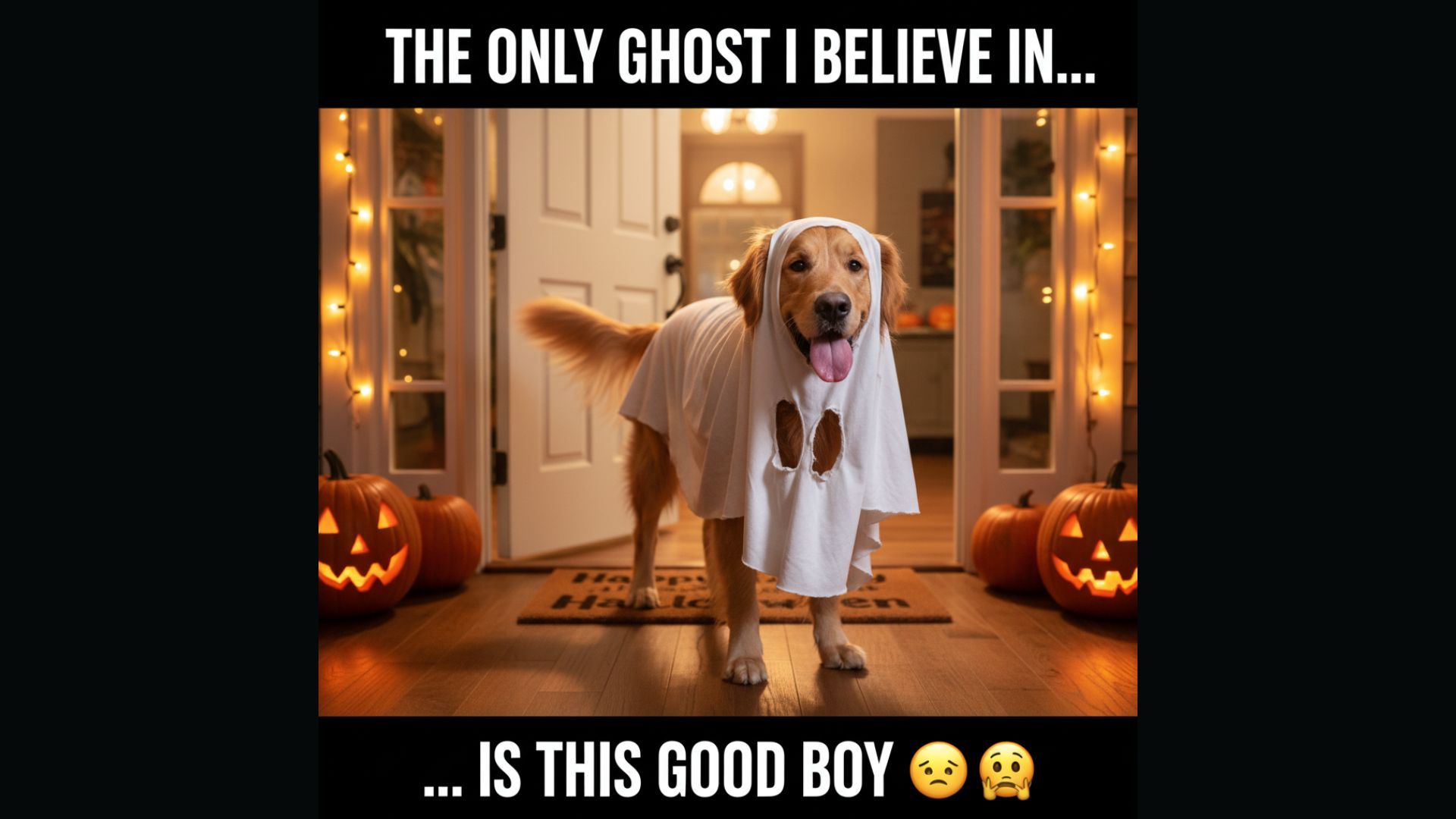golden retriever wearing white bedsheet ghost costume, tongue out