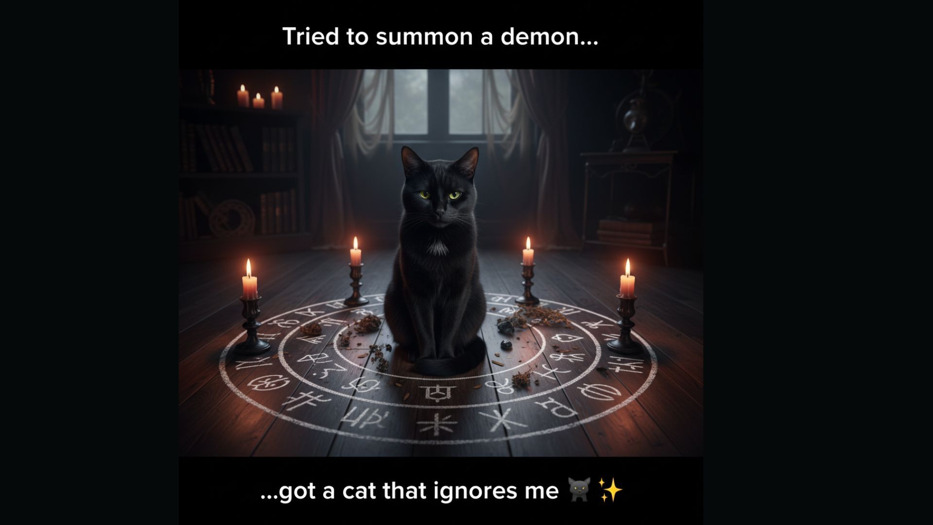 black cat sitting inside chalk circle with candles, looking unimpressed
