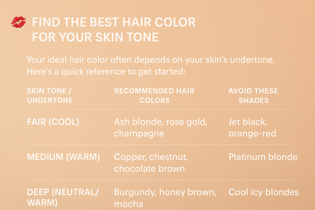 Infographic showing the best hair colors for different skin tones — fair, medium, and deep — with recommended shades like ash blonde, copper brown, and burgundy, plus tips on which colors to avoid. Soft peach gradient background and elegant typography, beauty-magazine style layout