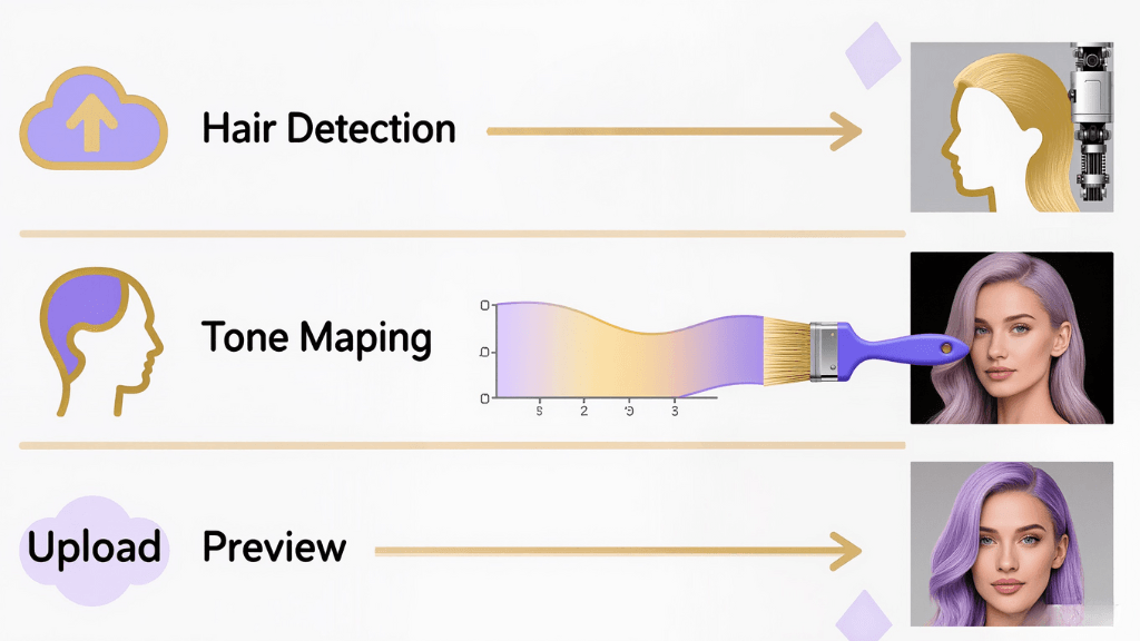 Infographic showing AI hair color process: upload photo, detect hair, apply color mapping, and preview result — pink-purple gradient background.