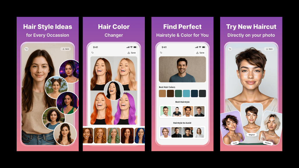 Smartphone mockup showing AI hair color try-on app interface with color picker, before/after slider, and glowing pastel UI design.