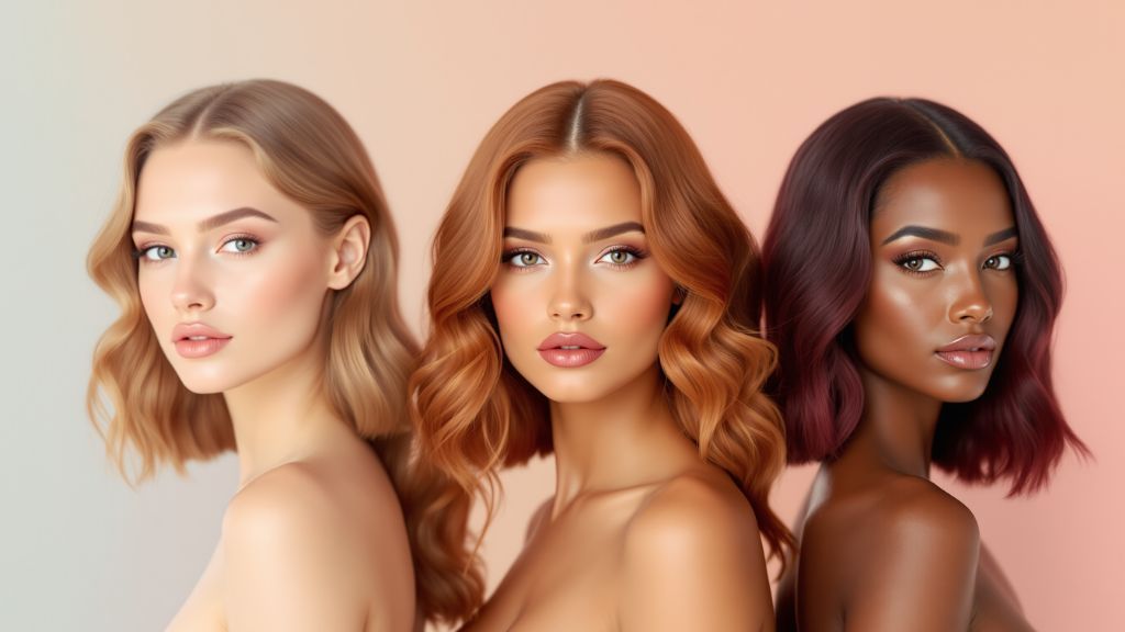 Three women of different skin tones — fair, medium, and deep — each with AI-matched flattering hair colors: ash blonde, copper brown, and burgundy.