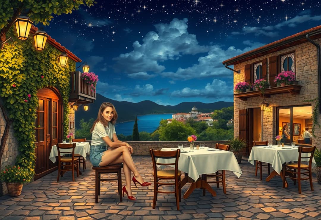 A beautiful woman is sitting on a wooden chair at a table in an enchanting, peaceful outdoor restaurant scene at night, nestled in a rustic setting, the woman is dressed casually, short denim skirt and white shirt, she looks into the camera and has a serene, relaxed face. The restaurant is located on a stone patio, lit by warm, glowing lanterns hanging from the building and strung between trees. Each light casts a soft amber glow over the ground, illuminating the detailed cobblestone pavement. In the background, a view of rolling hills and a distant coastal town sparkle under the night sky. The tables are covered with crisp white cloths, set with wooden chairs, fine dining ware, and decorated with small vases of flowers and cups. The building has an old-world charm, with ivy crawling up its stone walls, wooden shutters, and a cozy balcony on the first floor. Vibrant flowers spill from pots placed on windowsills and the patio. Above, the sky is a rich deep blue with fluffy clouds and countless bright stars, creating a magical and dreamy atmosphere. Every element is carefully outlined with thin, precise lines to give it a clean, artistic, and refined illustration style. Hyper realism, 8k high definition, vibrant colors, sharp focus, insanely detailed.